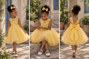 Jasmine yellow floral couture dress with embroidered bodice, full tulle skirt and large satin bow worn by a young girl in a sunlit courtyard.