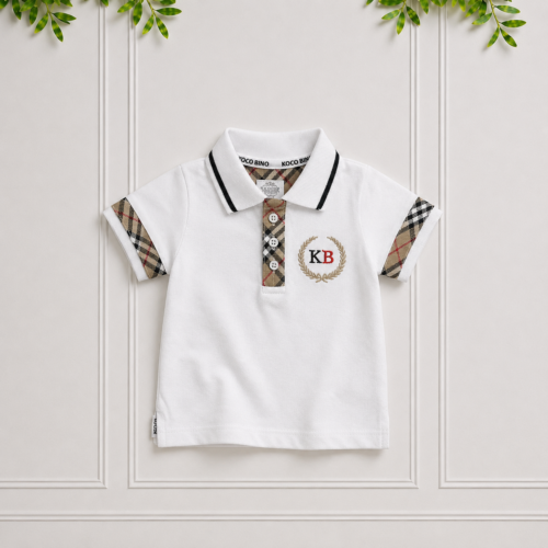 White boys designer polo shirt with checked detailing, contrasting collar and embroidered KB crest, ideal for smart and stylish everyday outfits.