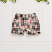 Boys check shorts in beige tartan with black and red detailing and turned-up cuffs