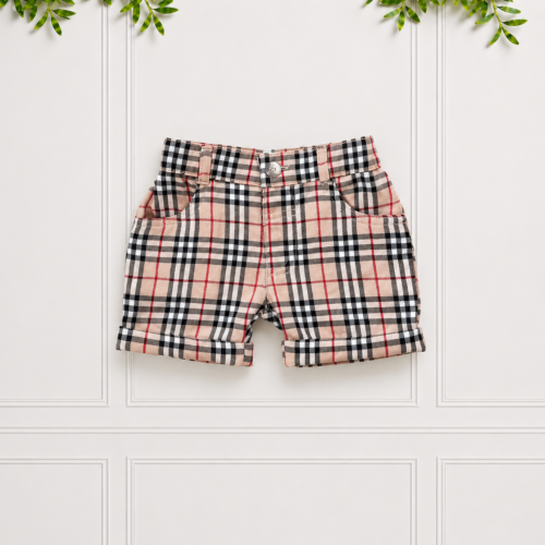 Boys check shorts in beige tartan with black and red detailing and turned-up cuffs