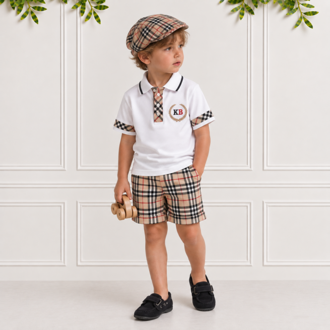 Young boy wearing boys check shorts with a matching white polo, driver cap and black moccasins in a cream studio, styled in classic tartan.