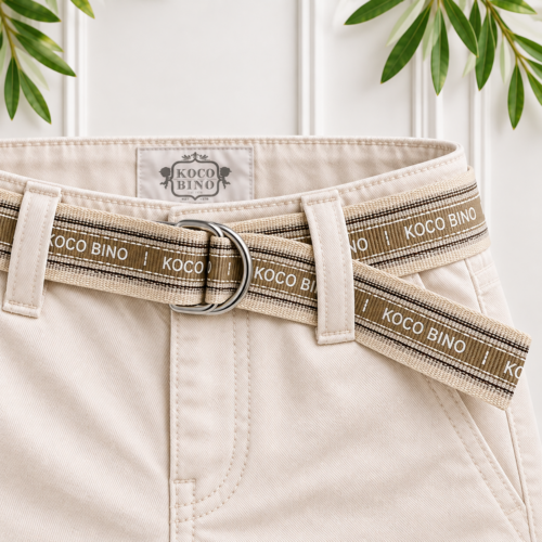 Koco Bino boys belt with natural webbing, linen ribbon and stone and white logo detailing