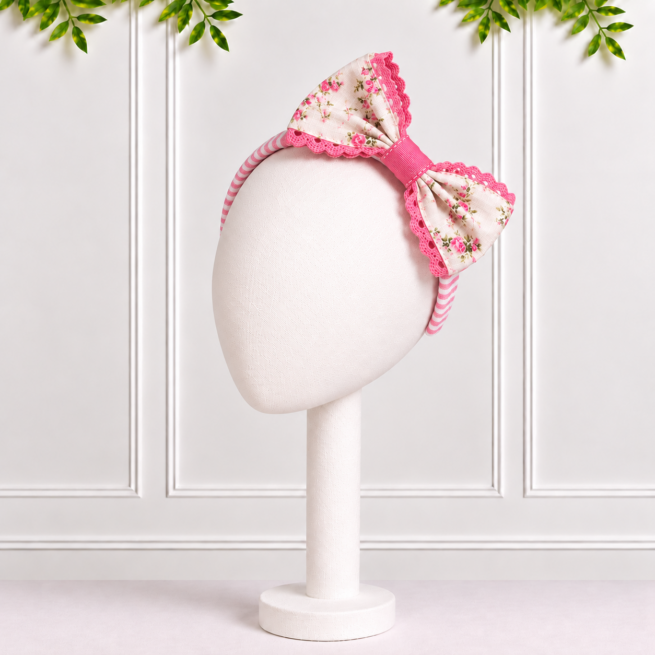 Liberty floral bow girls Alice band with pink and white seersucker stripes