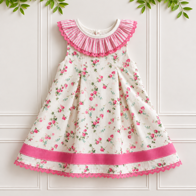 Girls' floral dress in pink Liberty print with striped frill collar and pink ric rac trim