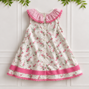 Back of a pink and ivory Girls' Floral Dress with Liberty print, pink striped frill collar, ribbon trim, buttons and delicate ric rac edging.