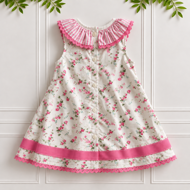 Back of a pink and ivory Girls' Floral Dress with Liberty print, pink striped frill collar, ribbon trim, buttons and delicate ric rac edging.