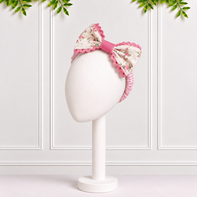 Liberty floral baby girl bow headband with pink and white seersucker stripes