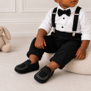 Baby boy wearing black canvas loafers with white stitching, paired with black trousers, suspenders and a white shirt in a soft, elegant setting.
