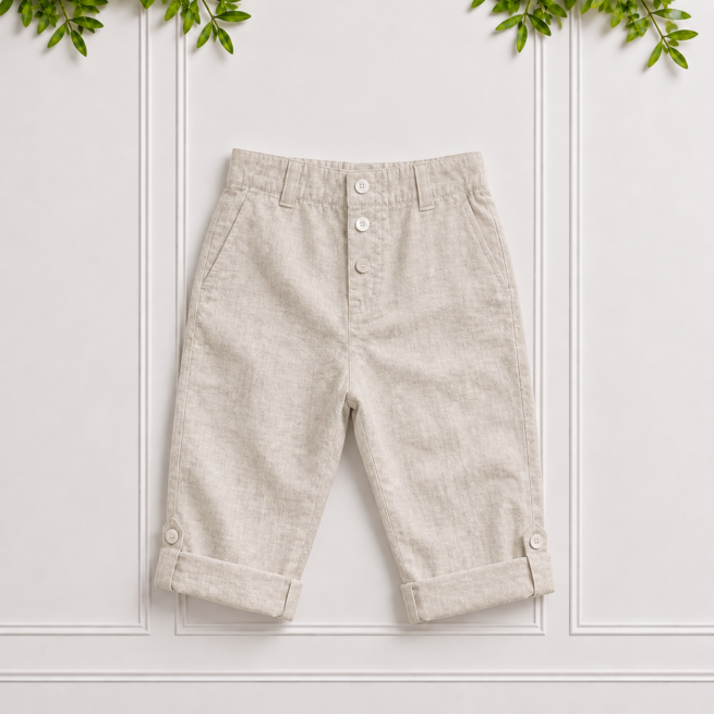 Boys stone linen pants with a tailored fit, front pockets, button fastening and convertible roll-up cuffs on a neutral studio background.