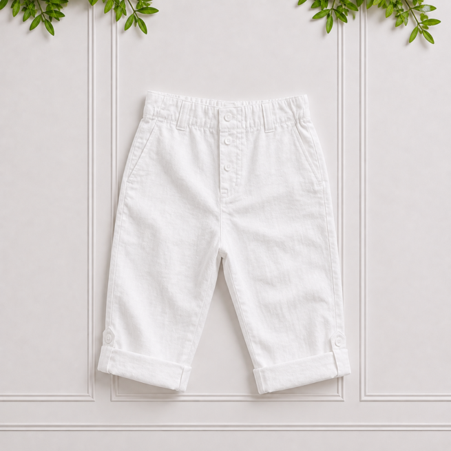 Boys white linen pants with a smart tailored fit, front pockets, button fastening and convertible roll-up cuffs displayed on a neutral background.