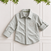 Boys sage green shirt in striped cotton linen with classic collar, long sleeves, roll-up tabs and monogram embroidery.
