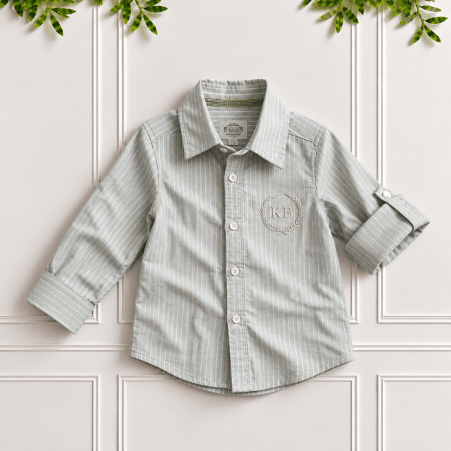 Boys sage green shirt in striped cotton linen with classic collar, long sleeves, roll-up tabs and monogram embroidery.