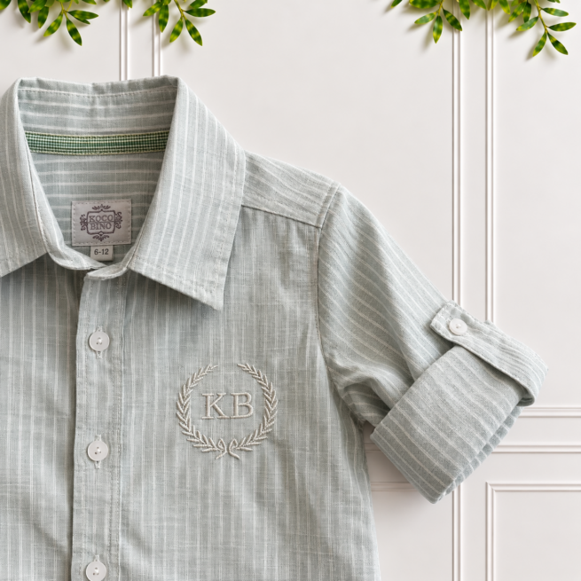 Close-up of boys sage green shirt showing striped cotton linen fabric, classic collar, roll-up sleeve and monogram embroidery.
