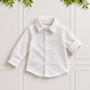 Boys white linen shirt with roll-up sleeves and KB monogram embroidery