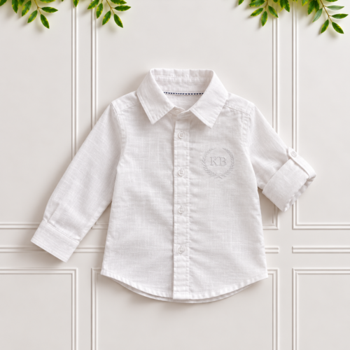 Boys white linen shirt with roll-up sleeves and KB monogram embroidery