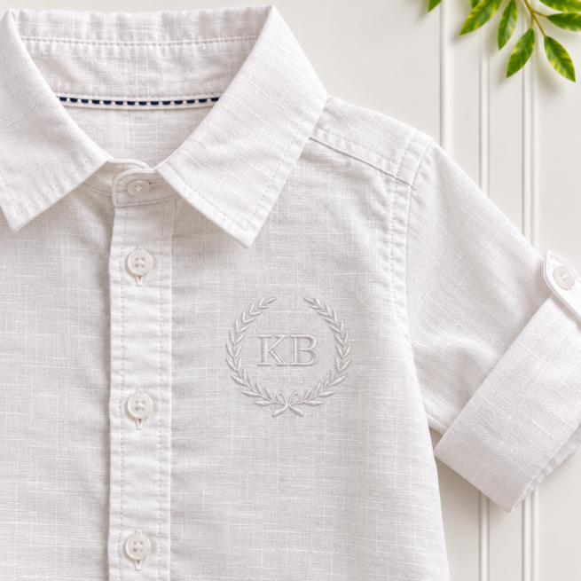 Close-up of a boys white linen shirt featuring a classic collar, button front, rolled sleeve and embroidered
