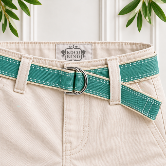 Sage and natural boys belt with Petersham ribbon and saddle stitching by Koco Bino