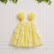 Yellow girls floral dress with white daisy flowers, soft tulle overlay and matching floral hair accessories, perfect for summer and special occasions.