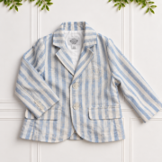 Boys blue and natural striped cotton-linen blazer with embroidered KB crest by Koco Bino