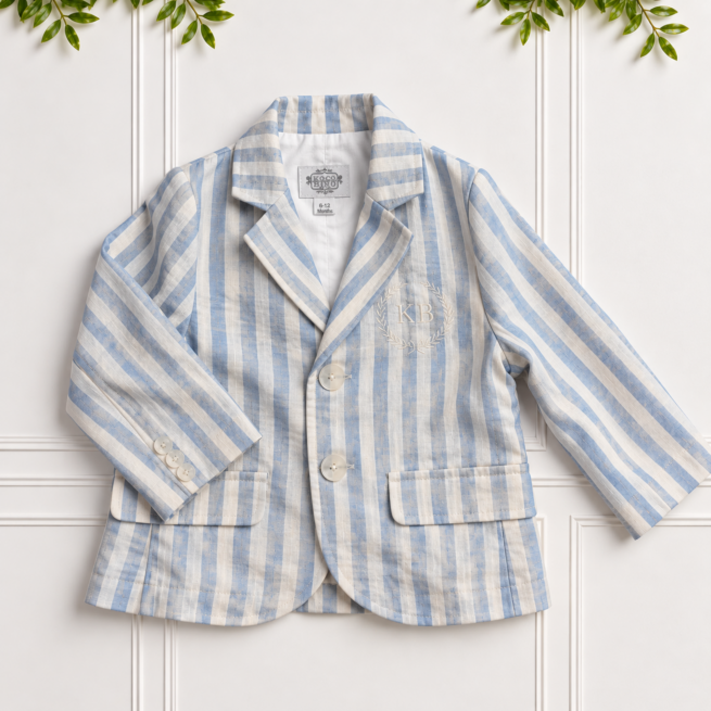 Boys blue and natural striped cotton-linen blazer with embroidered KB crest by Koco Bino