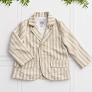 Boys stone and natural striped linen blazer with white lining, classic lapels, button fastening and embroidered KB detail by Koco Bino.