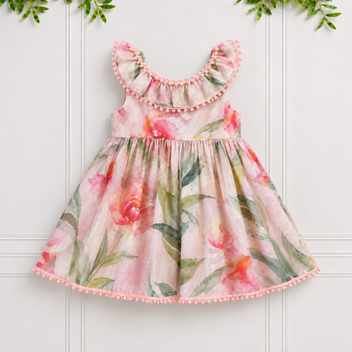 Girls’ Pink Floral Dress with pink orchid print, frilled neckline and delicate lace edging, shown from the front.