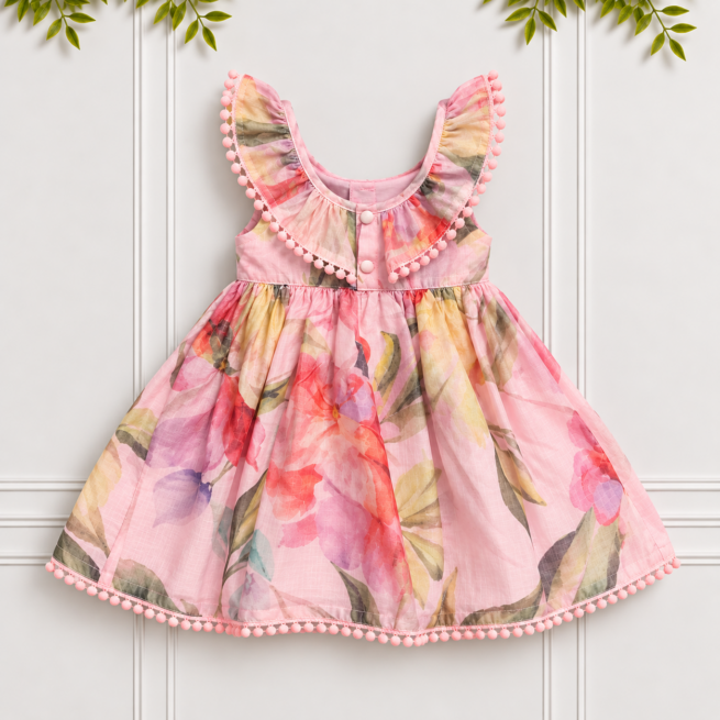 Girls’ Pink Floral Dress with orchid print, gathered skirt, frilled neckline and lace edging, showing the elegant low-back design.