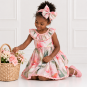 Girls’ Pink Floral Dress with orchid print, frilled neckline, lace edging and matching pink floral bow headband, styled on a young girl.