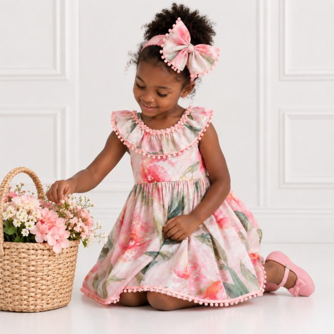 Girls’ Pink Floral Dress with orchid print, frilled neckline, lace edging and matching pink floral bow headband, styled on a young girl.