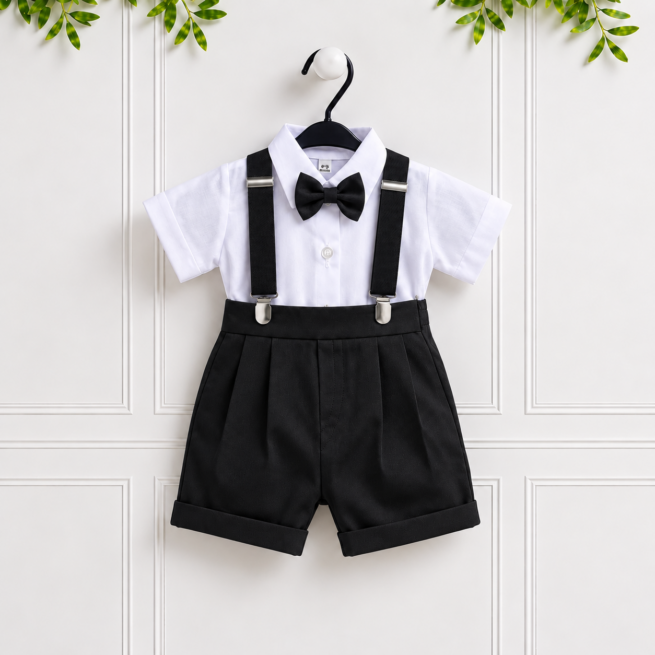 Baby boy black formal suit with white shirt, black trousers, matching suspenders and bow tie, perfect for weddings and formal occasions.