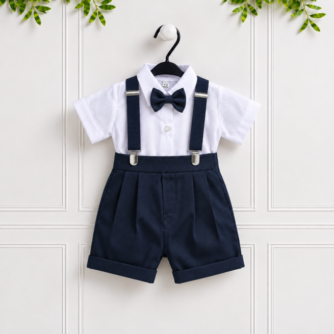 Baby boy navy formal suit with white shirt, navy trousers, matching bow tie and suspenders, perfect for weddings, christenings & special occasions.