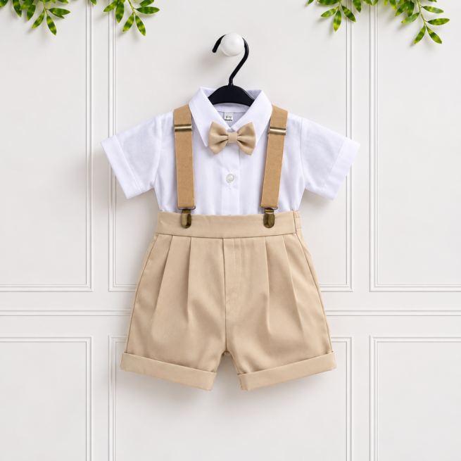 Baby stone wedding suit with white shirt, stone shorts, matching suspenders & bow tie, perfect for weddings, page boys and formal occasions.
