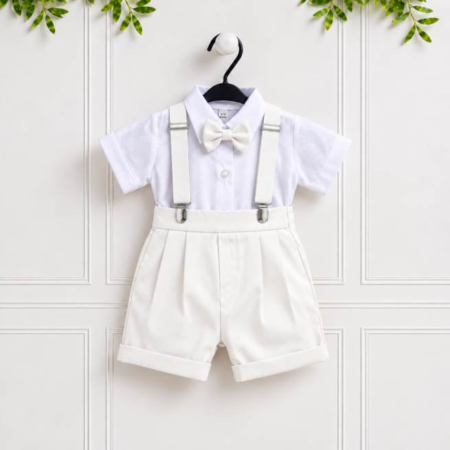 Baby boy white formal suit with shirt, trousers, suspenders and bow tie, perfect for baptisms, christenings & special occasions.
