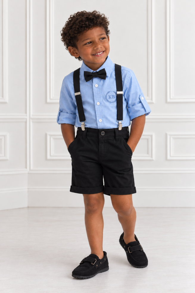 Young boy wearing a light blue KB shirt, black bow tie, black suspenders, black cotton shorts and black loafers in a classic studio setting.