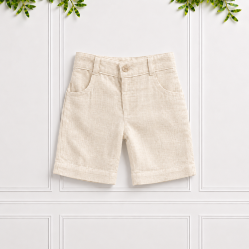 Boys cream linen shorts with a classic tailored fit, front pockets, belt loops and button fastening, perfect for smart summer outfits.