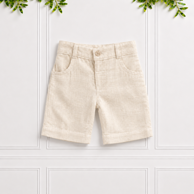 Boys cream linen shorts with a classic tailored fit, front pockets, belt loops and button fastening, perfect for smart summer outfits.