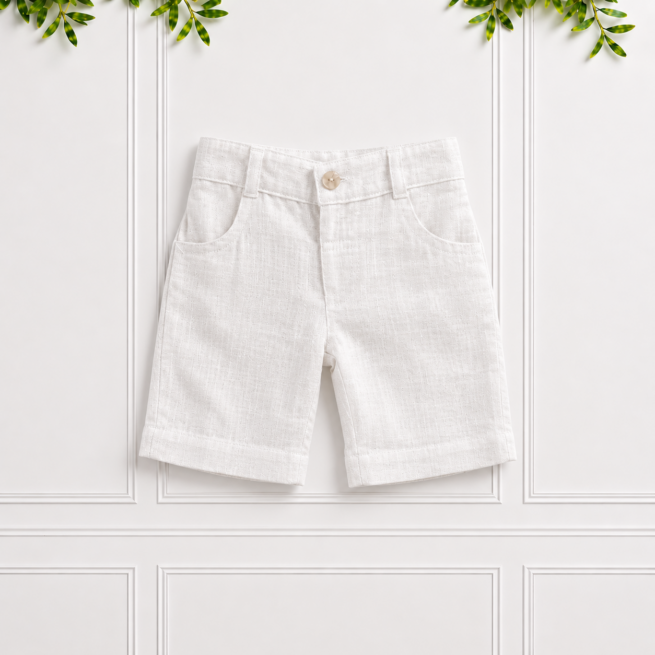 Boys white linen shorts with a classic tailored fit, front pockets, belt loops and button fastening, perfect for smart summer outfits.