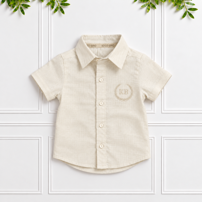 Boys’ cream 100% linen short-sleeve shirt with classic collar and cream KB monogram embroidery.