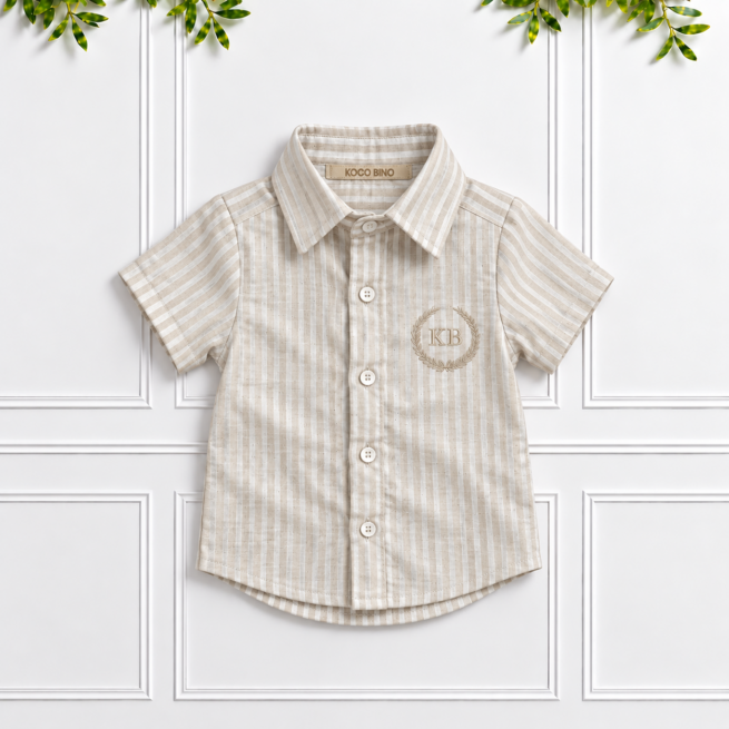 Boys’ stone and vanilla striped 100% linen shirt with short sleeves, classic collar and cream KB monogram embroidery.