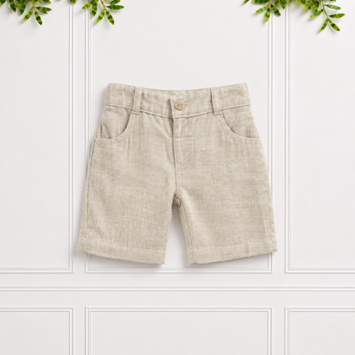 Boys stone linen shorts with a classic tailored fit, front pockets, belt loops and button fastening, perfect for smart summer outfits.