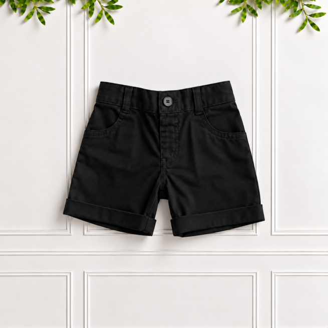 Boys black cotton shorts with a button fastening, belt loops, front pockets and rolled cuffs, displayed against a white panelled background by Koco Bino.