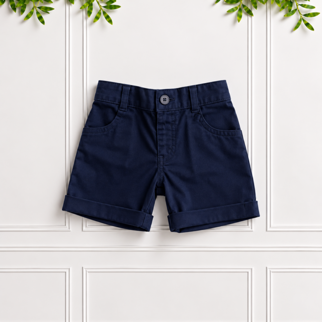 Boys Navy Cotton Shorts by Koco Bino featuring a button fastening, belt loops, front pockets and classic turn-up hems for a smart, timeless look.
