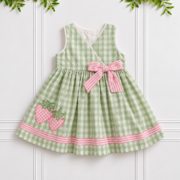 Girls’ Green Gingham Dress with pink striped bow and strawberry appliqués by Koco Bino
