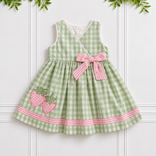 Girls’ Green Gingham Dress with pink striped bow and strawberry appliqués by Koco Bino