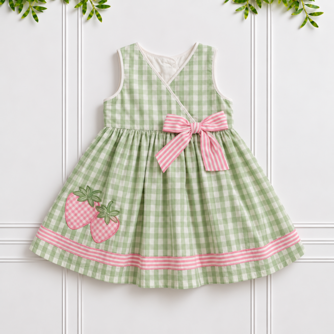 Girls’ Green Gingham Dress with pink striped bow and strawberry appliqués by Koco Bino