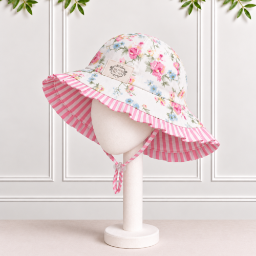 Girls floral sunhat with pink and white seersucker striped frill, matching striped binding and toggle tie, by Koco Bino for sunny summer days.