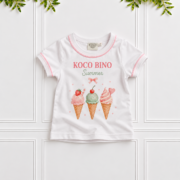 Girls’ Ice Cream T-Shirt in white with pink piping and colourful ice cream print by Koco Bino