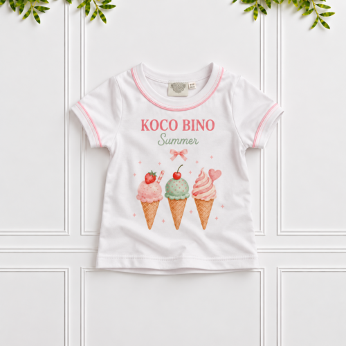 Girls’ Ice Cream T-Shirt in white with pink piping and colourful ice cream print by Koco Bino