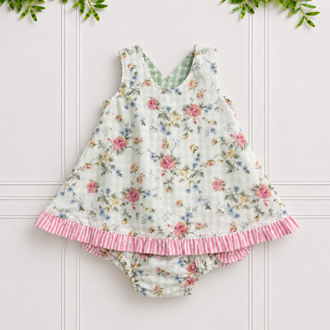 Baby Girl Reversible Set with pink floral top, sage green gingham trim and matching floral knickers with pink frills