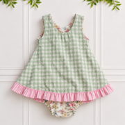 Baby Girl Reversible Set showing sage green gingham top with pink striped frills and matching floral knickers